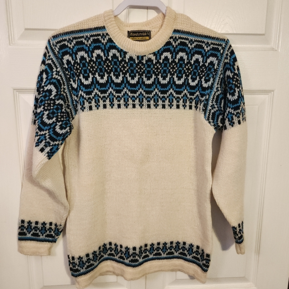 VINTAGE NORDSTRIKK FAIR ISLE WOOL CREAM/BLUE NORWAY SIZE LARGE UNISEX
